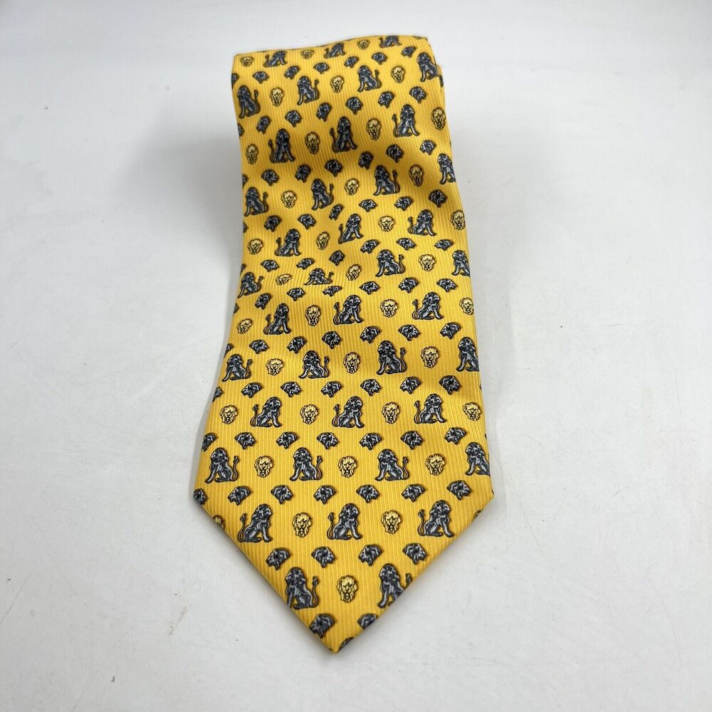 GIANFRANCO FERRE Silk Tie Yellow W/blue Lions & Lion Heads Made In Italy